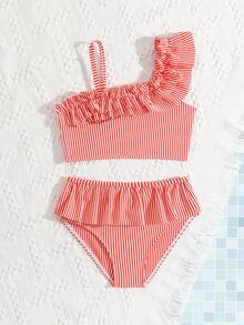 Young Girls Bikini Sets: Red And White Striped Padded Cute Flared One-Shoulder Straps Ruffles Triangle Swimsuit Split Two-Piece Set For Swimming, Summer Vacations, Beach, Pool, Pool Parties, Leisure And Resort Wear - Red - View 6