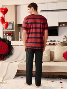 SHEIN Striped Print Patch Pocket Embroidered Men Short Sleeve Pajama Set - Multicolor - View 2