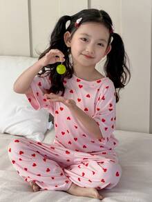 女童爱心印花圆领短袖上衣和裤子睡衣套装 春夏款 - 粉色 - 查看 8
