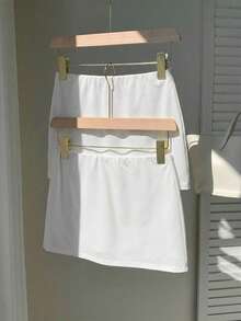 SHEIN EZwear 2件套女士针织短裤带内衬迷你裙裤套装 - 白色 - 查看 6