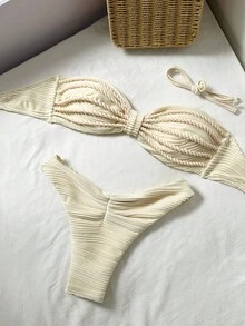 Swim Vcay 2Pcs Textured Wave Print Halter Bikini Set, Sexy Vacation Beach Swimsuit For Women Cream Bikini Strapless Bikini Cream Bathing Suit Ribbed Bikini