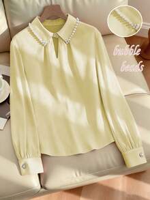 Franclia 女士纯色珍珠领长袖衬衫，粉色，秋季长袖上衣珍珠领衬衫淡黄色奶油黄女式衬衫 - 淡黃色 - 查看 4