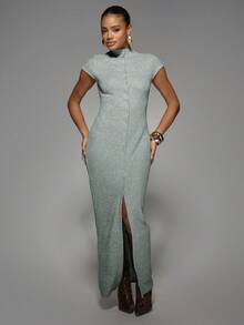 MISSGUIDED Mock Neck Cap Sleeve Button Front Ribbed Knit Midaxi Dress With Side Slit - Green - View 6