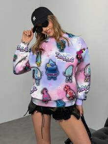 SHEIN Trolls Women's Casual Everyday Commute Funny Cute Cartoon Letter Graphic Dropped Shoulder Loose Hoodie - White - View 5