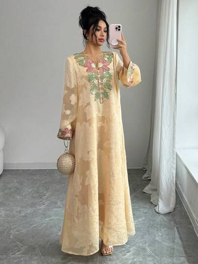 Yasmyna Damklänning i chiffong med jacquard, lös långärmad, elegant och romantisk turkisk arabisk stil