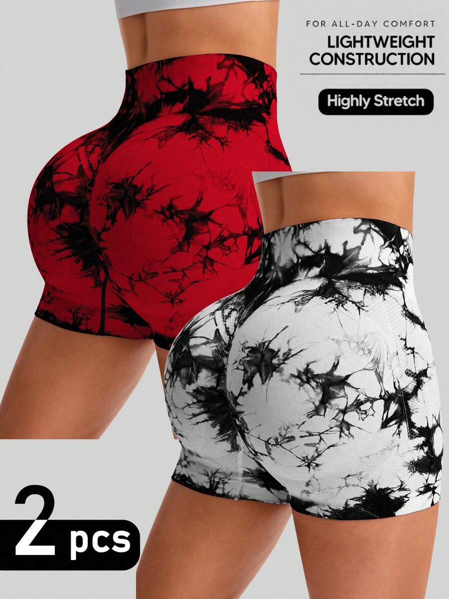 Easithlete 2PCS Women's Tie-Dye Print Casual Fitness Sports Shorts - Multicolor - View 1