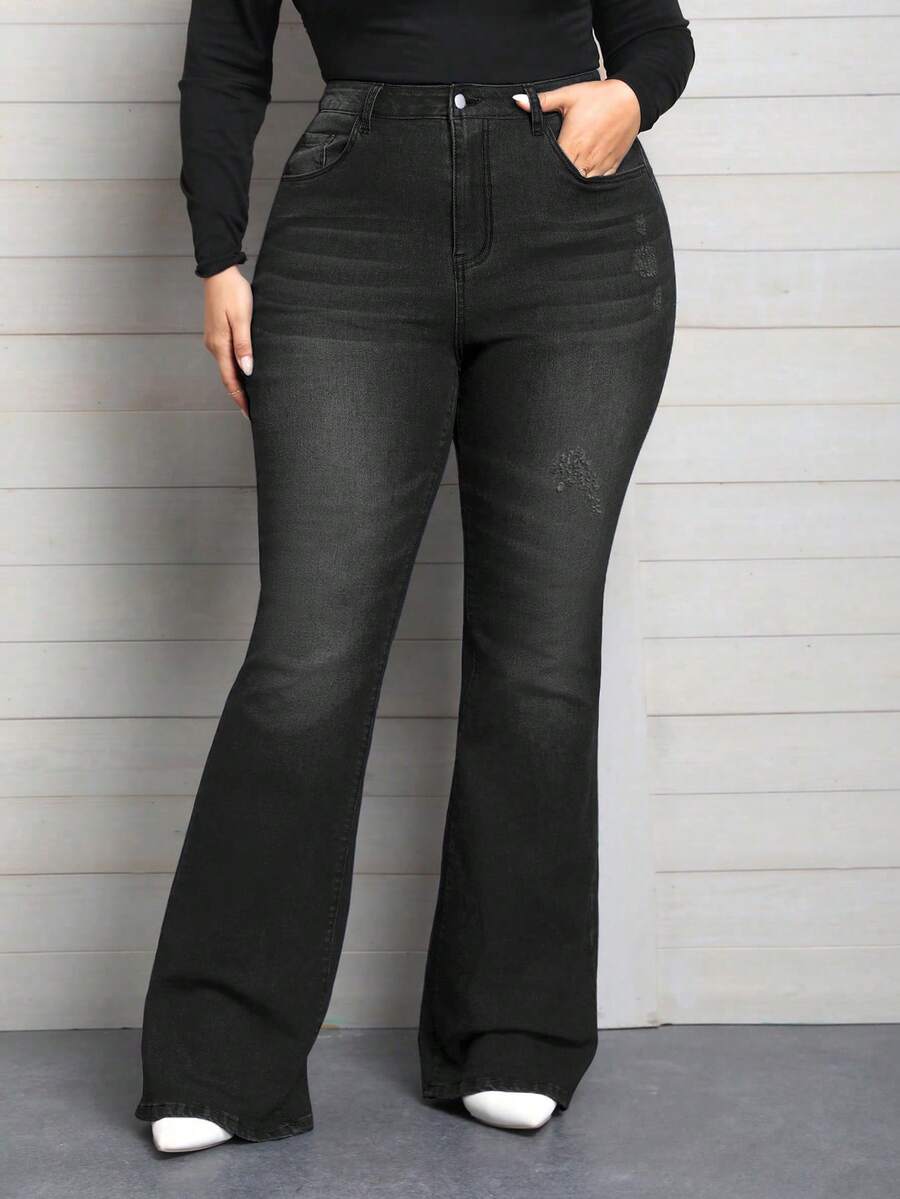 EMERY ROSE Plus Size Elegant Slimming Flare Leg Jeans - Dark Grey - View 1