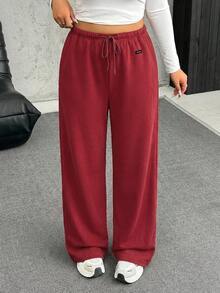 SHEIN EZwear 大码柔软保暖休闲抽绳宽松裤 - 紅色 - 查看 1