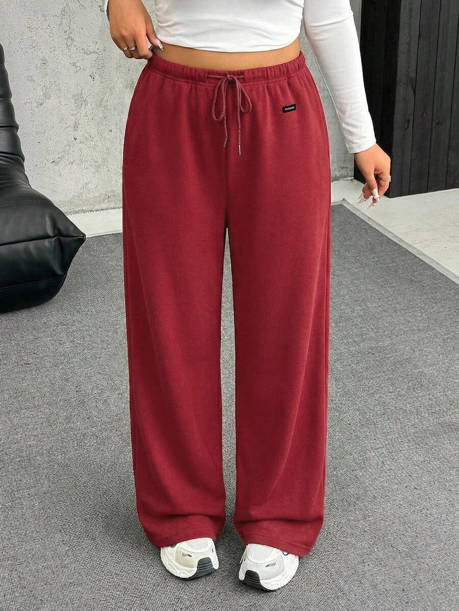 SHEIN EZwear 大码柔软保暖休闲抽绳宽松裤 - 紅色 - 查看 1