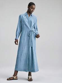 Ontre Women's Blue & White Vertical Striped Fabric Fitted Silhouette Dropped Shoulder Long Sleeve Waist Tie Sophisticated Elegant Wedding Guest Outfit, Minimalist Romantic French Luxe Urban Chic Business Casual Office Wear, Low-Key Old Money Vibe High-End City Commute High-Quality Airport Cruise Middle East Essential Versatile All-Season Wedding Series Women Shirt Dress - Multicolor - View 5