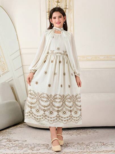 Sparklyn Tween Girl Elegant Party Floral Embroidered Top And Dress Set Teen Girls Long Sleeve Dress Girls Elegant Maxi Dress Gold Embroidery Dress Girls Modest Dresses Party Fancy Dress Girls Maxi Dress Kids Party Dress Tweens Modest Dress Girls Elegant Long Sleeve Dress