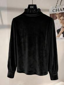 GlowEve 女士天鹅绒荷叶边领日常通勤时尚法式街头复古百搭假日商务浅蓝色长袖衬衫，秋冬款 - 黑色 - 查看 2