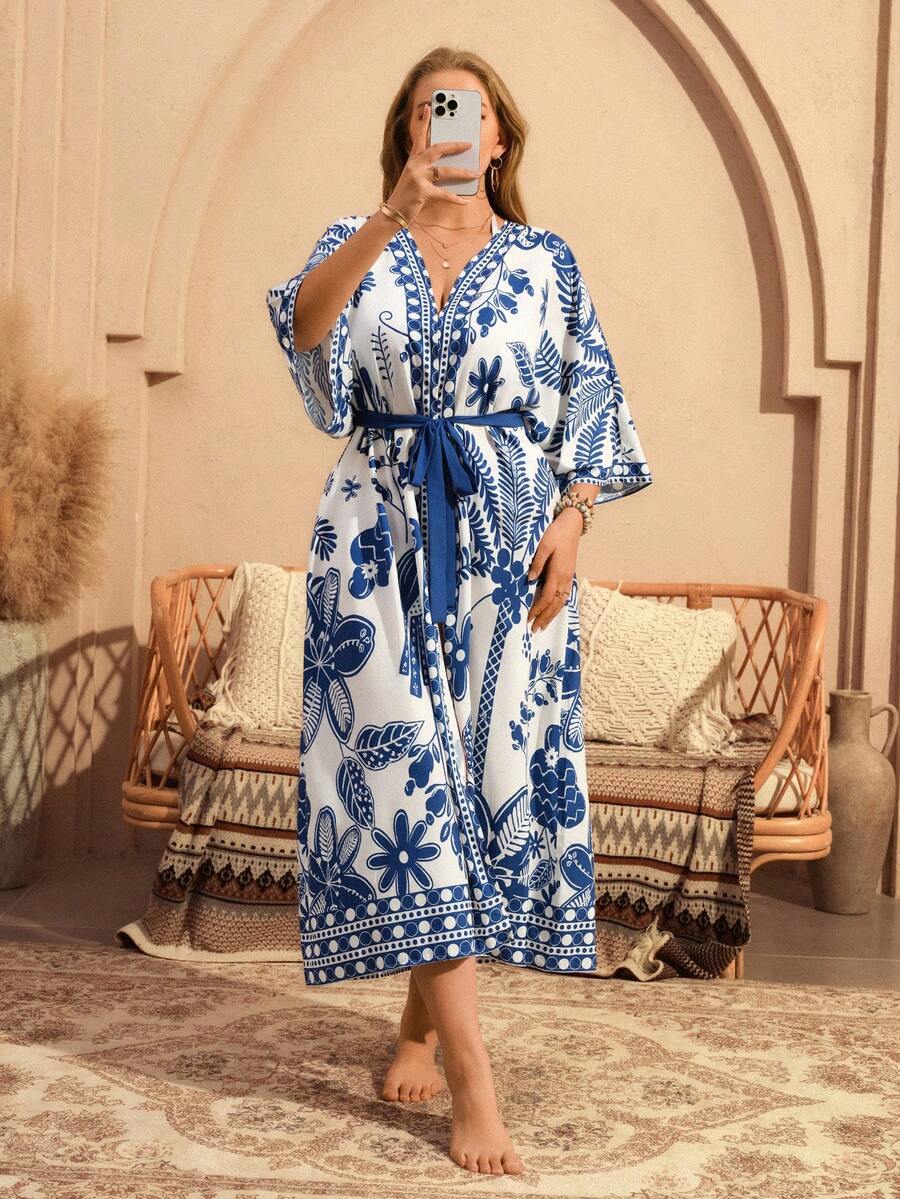 Swim Lushoire Plus Size Women Floral Print Mid-Length Casual Vacation Beach Cardigan - Blue - View 1