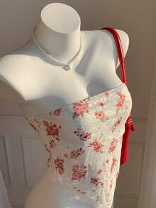 Comfortcana 2026新款时尚休闲碎花蕾丝抹胸上衣，夏季上衣，适合情人节、春夏假期、春假、狂欢节、海滩派对、生日聚会等各种场合，休闲抹胸上衣，Y2K风格印花上衣 - 粉色 - 查看 3