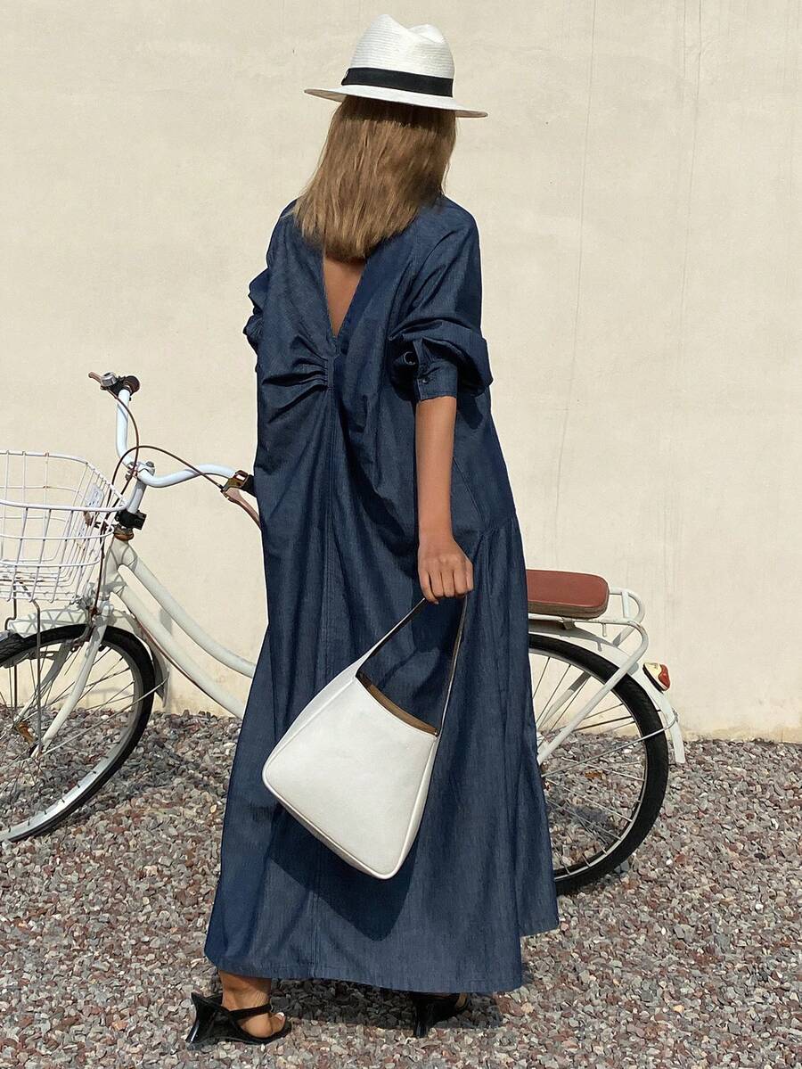 DAZY 女士翻领扭结露背镂空宽松长袖牛仔休闲优雅连衣裙 - 深色水洗藍 - 查看 1