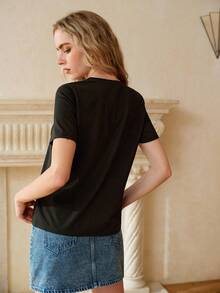 MOTF PREMIUM BEADED DETAIL FLORAL PATTERN SHORT SLEEVE BLACK TEE - Black - View 5