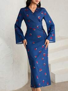 Veilorie Women's V-Neck Floral Print Overlap Flare Sleeve Modest Elegant Vacation Dress - Multicolor - View 6