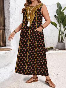 EMERY ROSE 大码无袖玫瑰印花连衣裙，节日印花罩衫，带口袋 - 彩色 - 查看 4