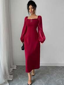 Modelyn French Design Square Neck Rhinestone Patchwork Women Dress - Burgundy - View 8