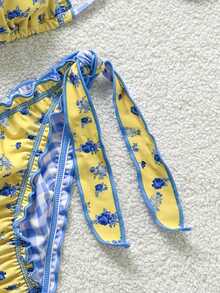 Soleia 复古彩色豹纹、斑马纹、花卉印花荷叶边系带流苏装饰沙滩比基尼套装（女士款） - 彩色 - 查看 5