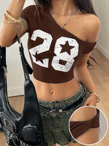 Coolane 女士夏季音乐会街头服饰 Y2K 运动装比赛日图案数字图案舒适不对称领口短款T恤 - 棕色 - 查看 3