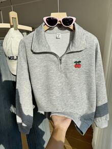 Sweetra Young Tween Girl Cherry Print Loose Fit Casual Pullover Sweatshirt With Half-Zip - Grey - View 3