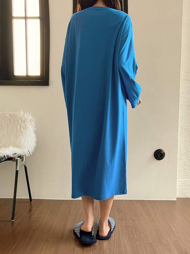 Loose Fit Long Sleeve Dog Print Nightgown For Women, Sleepwear Dress