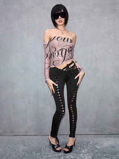 ROMWE Avant Elegante top da donna con stampa integrale, spalle scoperte e in tessuto a rete, di stile d'avanguardia