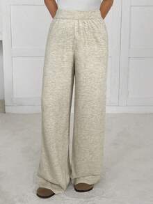 SHEIN EZwear Celana Rajut Wanita Kasual Warna Polos dengan Potongan Lebar, Musim Gugur/Dingin - Krem - View 4