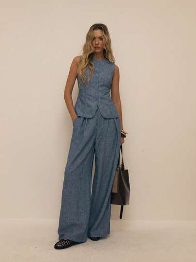 ATUI Studio Women's Casual Commuting Street Pleated Pocket Elastic Waist Imitation Denim Texture Fabric Wide-Leg Linen Pants Women, Business Casual Women,Baggy Jeans,Low Rise Jeans,Office Outfits For Women,Office Wear Women, High Waisted Pants ,Wide Leg Jeans, Loose Jeans ,Oversized Pants,Old Money Style Women,Wedding Guest