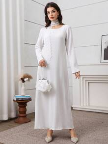 Graceveil Women's Modest White Long Sleeve Round Neck Plain Flared Long Tunic Dress With Cut Out Details - White - View 4