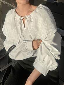 FRIFUL Women's 100% Cotton Embroidered Collar Tie-Up Loose Shirt Long Sleeve - White - View 1