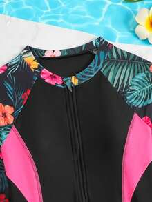 SHEIN 女童连体花卉拼接纯色拉链弹力速干舒适针织面料泳衣，适合海滩、泳池、海边、冲浪、度假、夏季旅行 - 黑色 - 查看 4