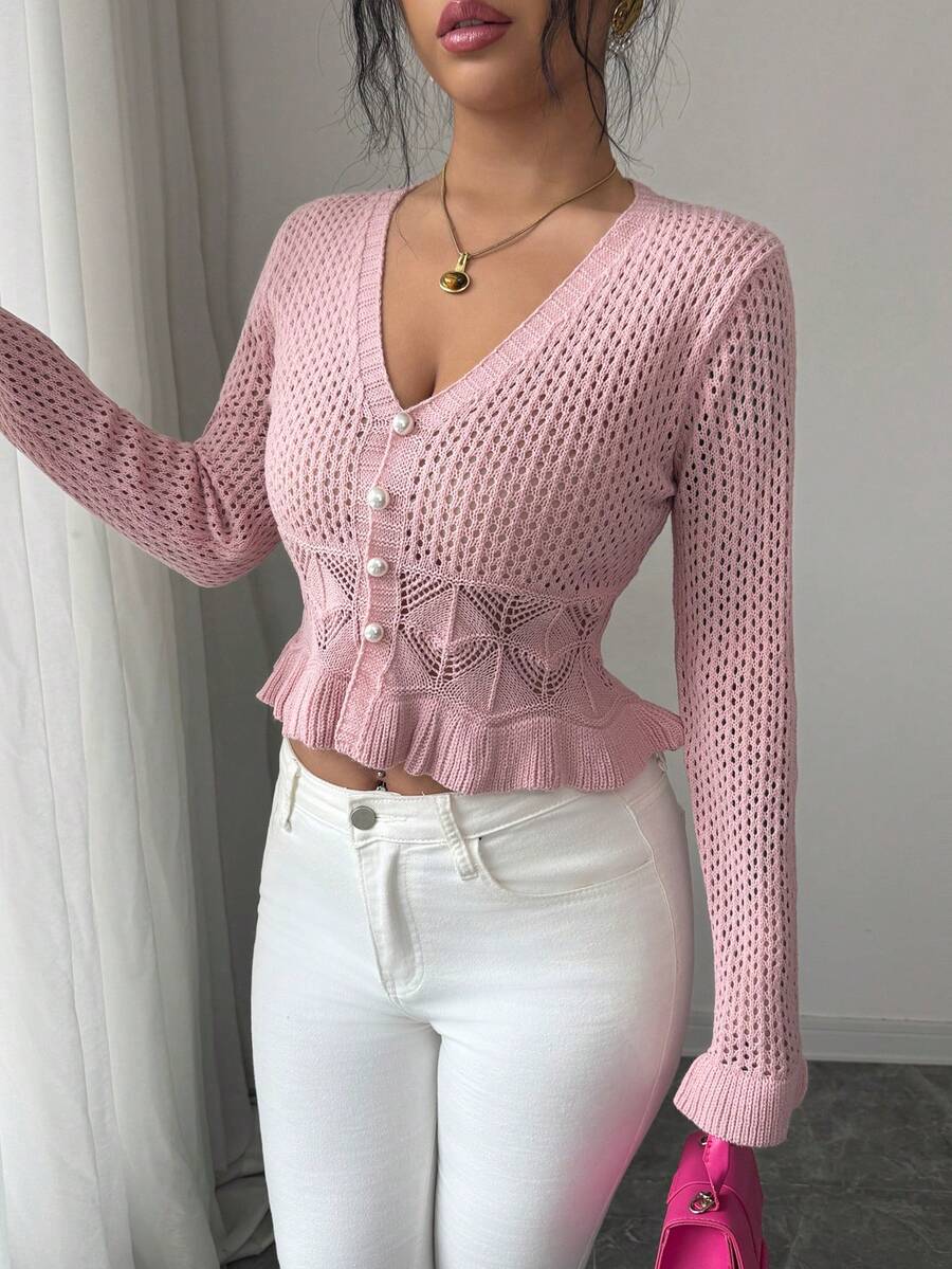 Elenzga Women's Spring/Summer New V-Neck Pink Cute Date Valentine's Day Everyday Versatile Elegant Lady Knit Short Fitted Long Sleeve Cardigan - Pink - View 1