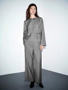 Lumivelle Women's Fashion Professional Round Neck Side Tie Batwing Sleeve Long Jacket + Straight Leg Pants 2 Pieces Set - Grey - View 4