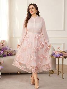 Modelyn Camisa elegante y sencilla de estilo delicado para mujer, falda de línea A rosa de moda con bordado 3D de cuerda - Rosa - Ver 2