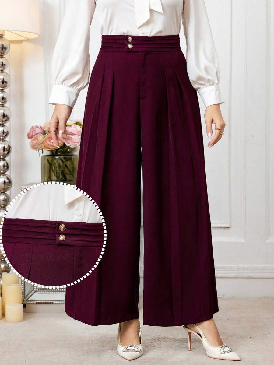 Modelyn Calça Pantalona Plissada de Cor Sólida Elegante Plus Size, Adequada para Uso Diário - Vinho - Visão 1