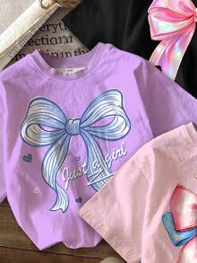 SHEIN Bộ 3 áo thun ngắn tay cổ tròn in nơ lấp lấp lánh dễ thương cho bé gái, thích hợp cho mùa xuân/hè. - Nhiều màu - Xem 4