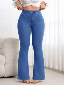 SHEIN CURVE+ Plus Size Women Blue Denim Elastic Sexy Fitted Flare Pants, Cowgirl/Rodeo - Medium Wash - View 5