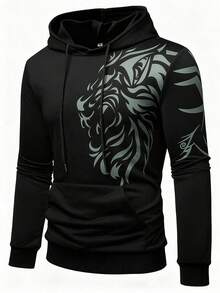 Manfinity LEGND Men Lion Print Pocket Drawstring Hoodie, Long Sleeve, Going Out, Casual, Graphic , Fall - Black - View 1