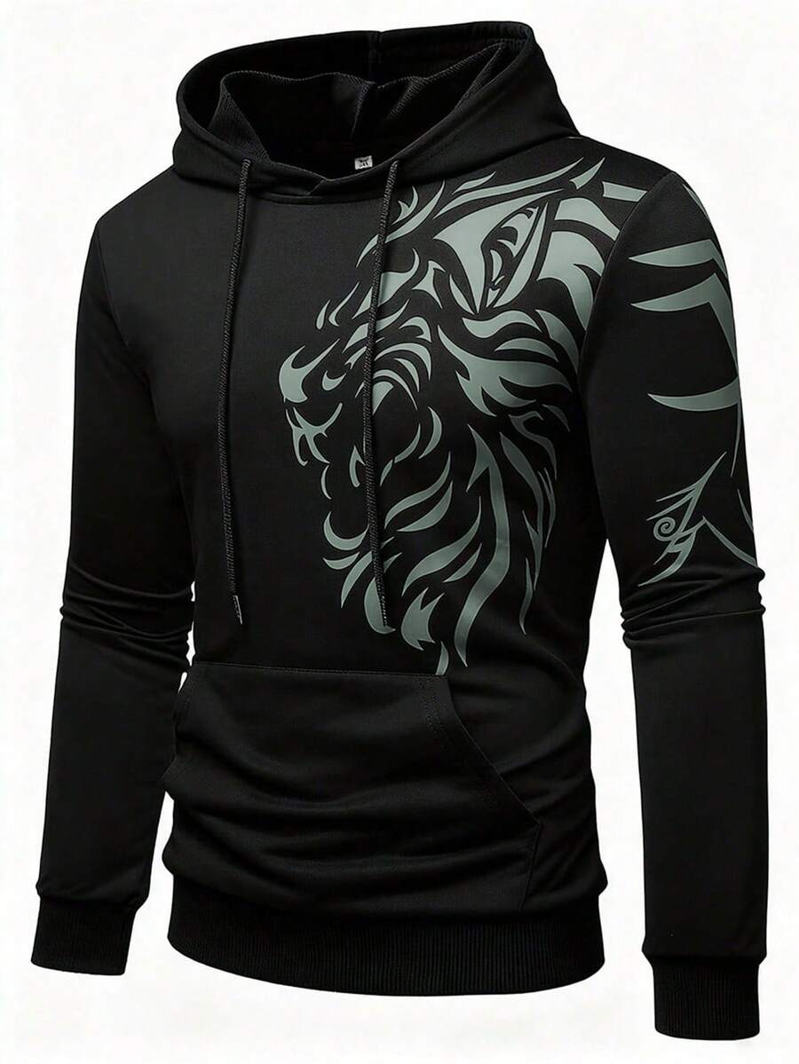 Manfinity LEGND Men Lion Print Pocket Drawstring Hoodie, Long Sleeve, Going Out, Casual, Graphic , Fall - Black - View 1