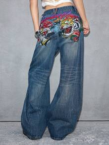 ROMWE J-Fashion 秋冬新款中国风虎头艺伎图案英文刺绣低腰复古女式牛仔裤 - 深色水洗藍 - 查看 4