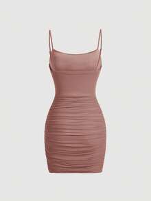 SHEIN MOD Solid Color Pleated Bodycon Strapless Dress - Dusty Pink - View 5