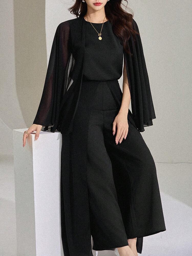 Women's Round Neck Cape Sleeve Top And Loose Wide Leg Pants 2 Pieces Set, Casual & Elegant