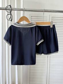 2pcs/Set Young BoyPolo Shirt Short Sleeve Top And Shorts Set, Spring/Summer Polo Shirt And Shorts Set Navy Blue Set For Boys - Navy - View 2