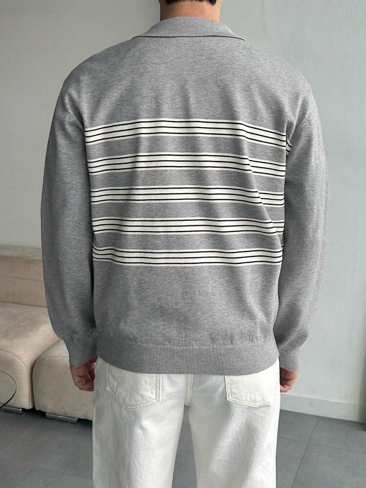 Men's Striped Gray Polo Neck Sweater, Spring/Autumn