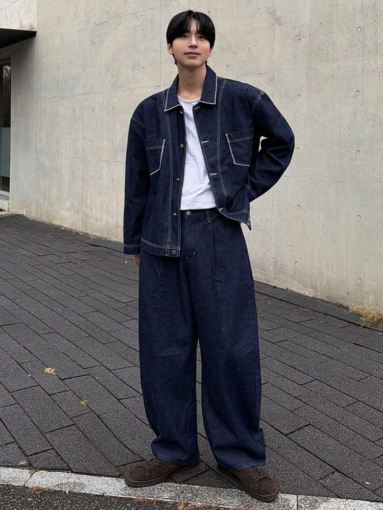 Men's Solid Navy Blue Denim Suit, Autumn