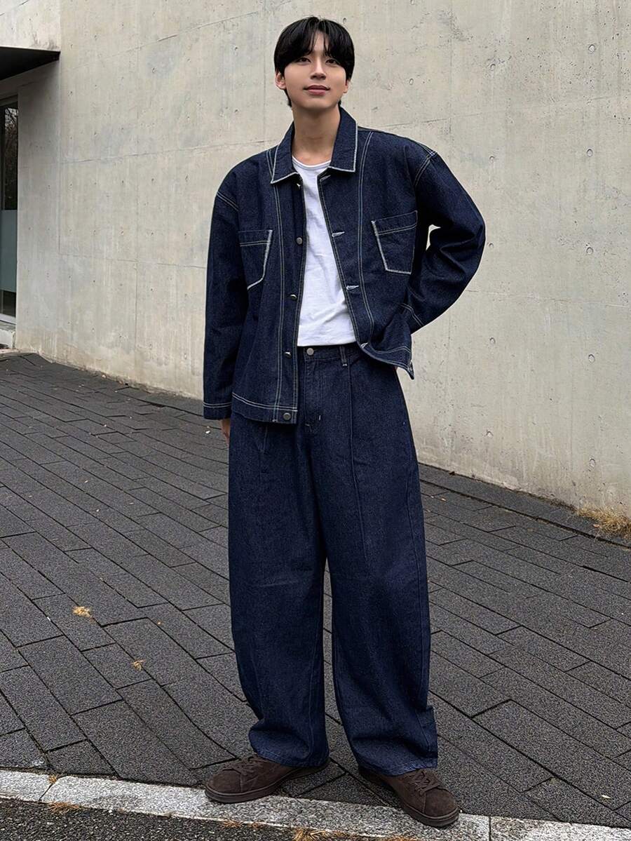 DAZY 男士纯色藏蓝色牛仔西装，秋季款 - 藍色 - 查看 1