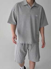 DAZY Men's Grey Letter Embroidered Polo Shirt With Matching Polo Shirt Set, Summer - Grey - View 4