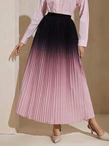 Graceveil Elegant Black To Pink Ombre Pleated Elastic Waist Women Skirt - Black - View 6